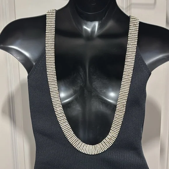 Anthropologie Endless Rose black jewel trim backless knit mini dress S - Picture 5 of 9